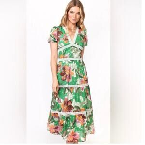 Adelyn Rae Dress Small Green Lian Jacquard Floral Printed Tiered Midi Ruffled